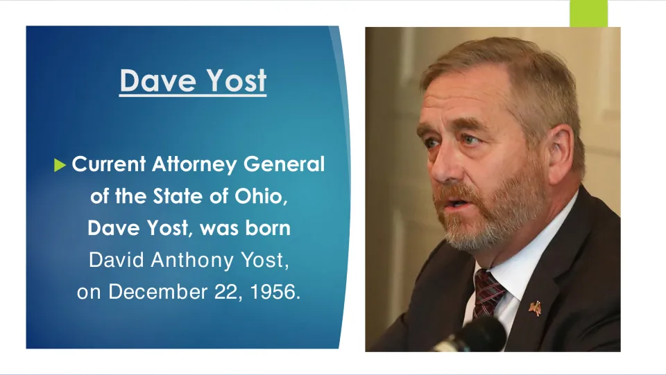 Biographical introduction identifying Dave Yost as David Anthony Yost, born on December 22, 1956