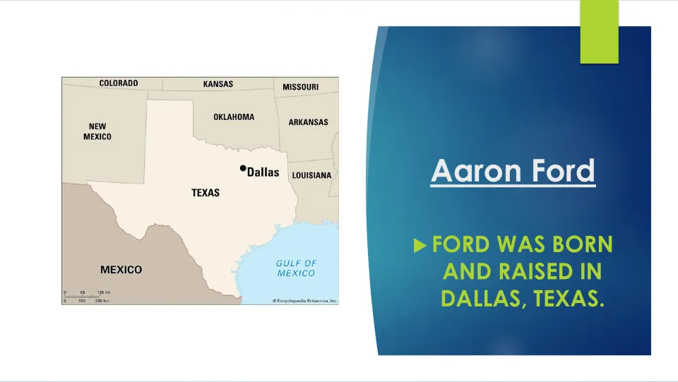 Biography slide stating that Aaron Ford was born and raised in Dallas, Texas, with Dallas marked on a map