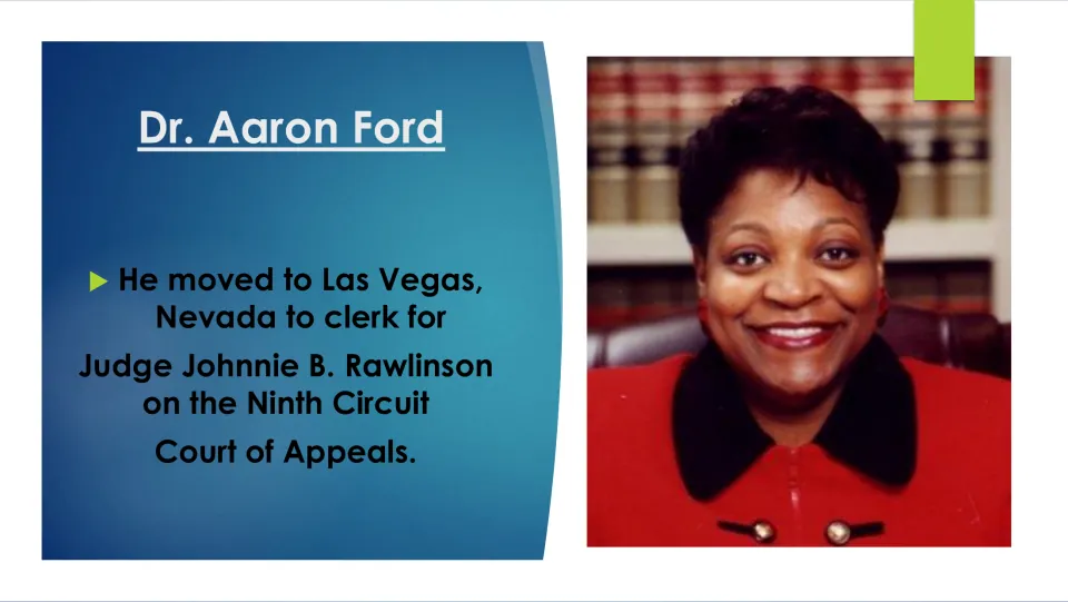 Legal career slide describing Aaron Ford’s Las Vegas clerkship for Ninth Circuit Judge Johnnie B. Rawlinson