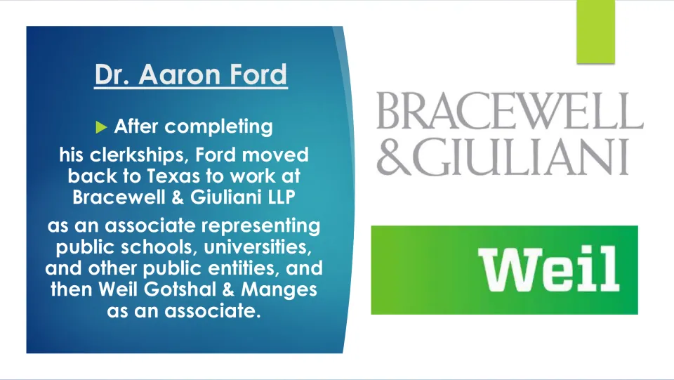 Legal career slide tracing Aaron Ford’s Texas associate roles at Bracewell & Giuliani and Weil Gotshal & Manges