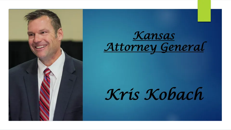 Biography presentation cover featuring Kris Kobach's portrait and the title 'Kansas Attorney General'