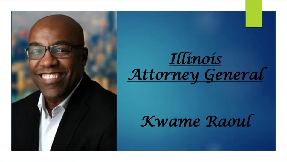 Biography presentation cover introducing Illinois Attorney General Kwame Raoul with his portrait and name