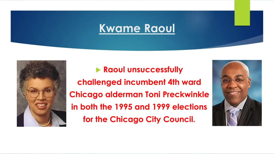 Biography slide on Raoul's unsuccessful 1995 and 1999 challenges to Toni Preckwinkle for Chicago's 4th ward seat