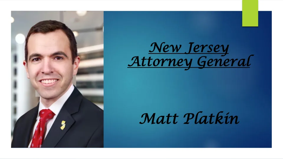 Biography presentation cover introducing Matt Platkin as New Jersey Attorney General, with his portrait
