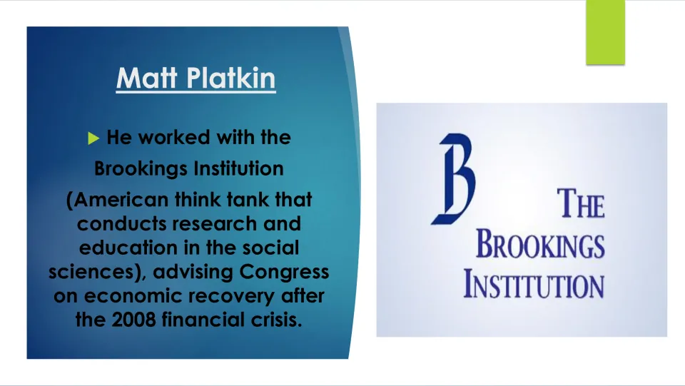 Biography slide on Matt Platkin’s Brookings Institution work advising Congress after the 2008 financial crisis