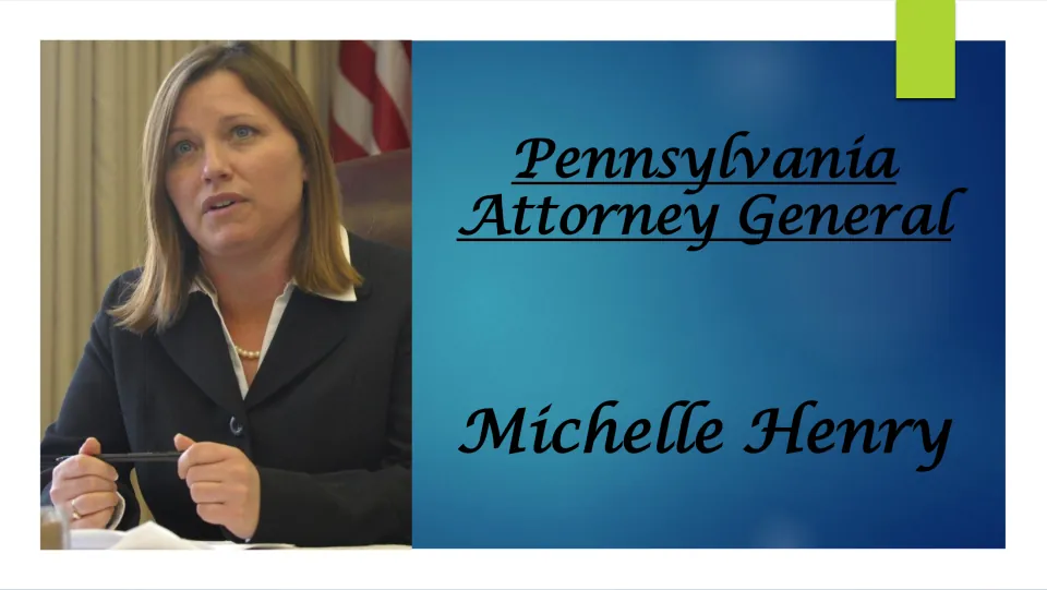 Title slide for a biography slideshow: Pennsylvania Attorney General Michelle Henry, shown beside her portrait photo