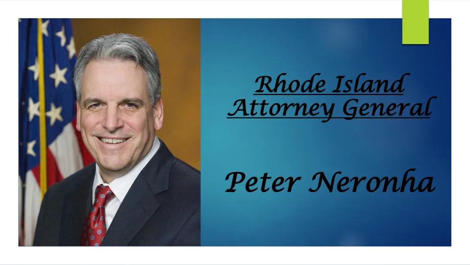 Biography presentation cover identifying Peter Neronha as Rhode Island Attorney General, with his portrait