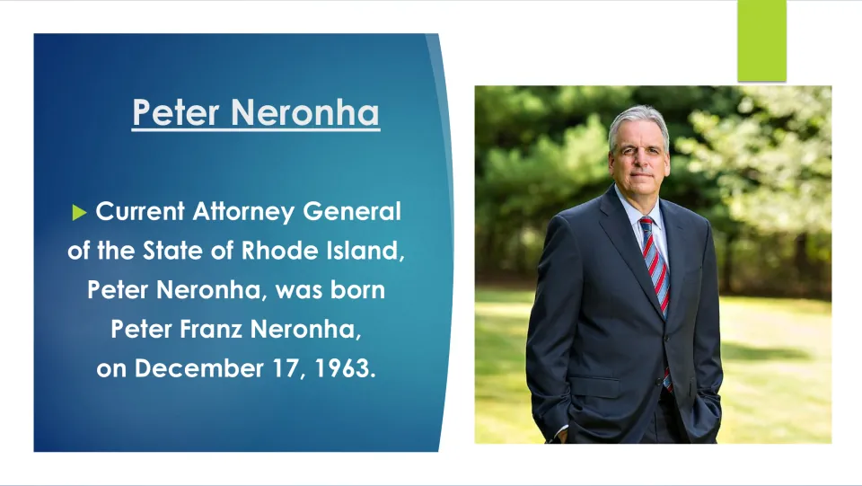 Biography slide giving Peter Neronha’s full name, Peter Franz Neronha, and birthdate, December 17, 1963