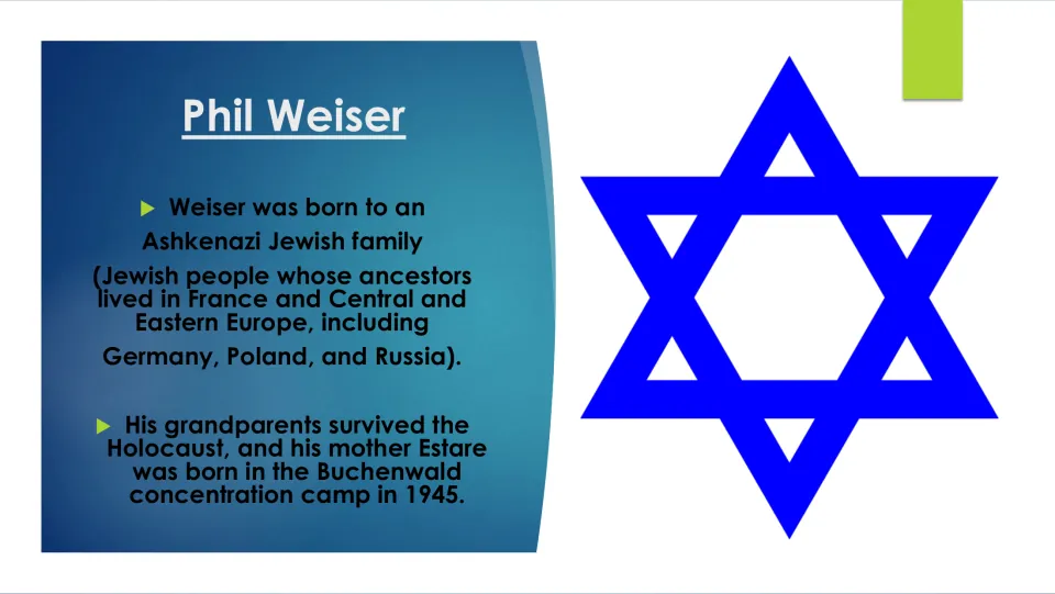 Weiser's family background: Ashkenazi Jewish roots, Holocaust-survivor grandparents, mother born at Buchenwald in 1945