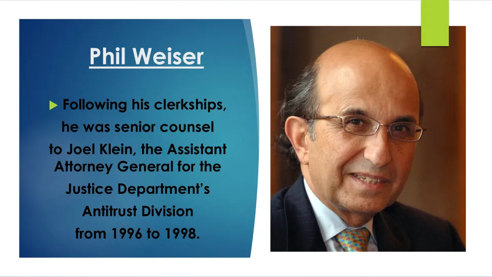 Justice Department role: senior counsel to Joel Klein in the Antitrust Division from 1996 to 1998, with Klein's photo