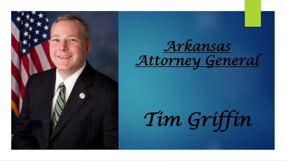 Biography presentation cover identifying Tim Griffin as Arkansas Attorney General, with his portrait