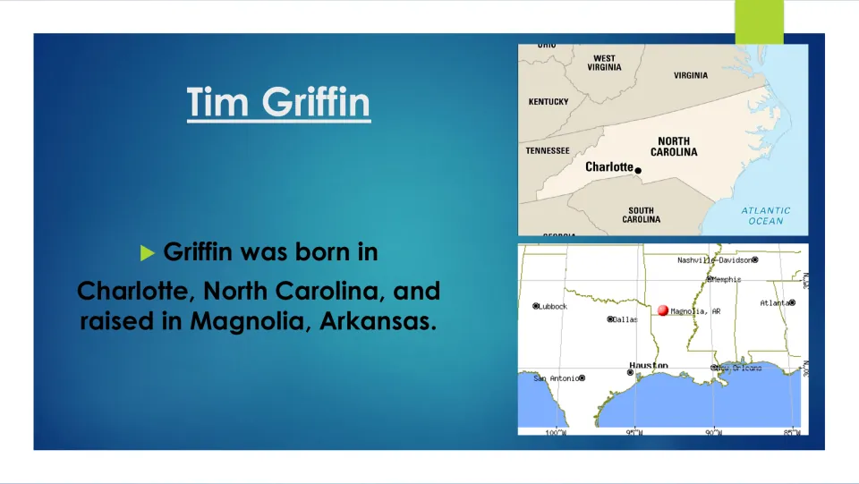 Biography slide naming Charlotte, North Carolina, as Griffin's birthplace and Magnolia, Arkansas, as his hometown