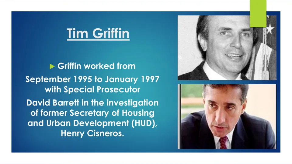 Career slide covering Griffin's 1995–1997 work with David Barrett on the investigation of Henry Cisneros