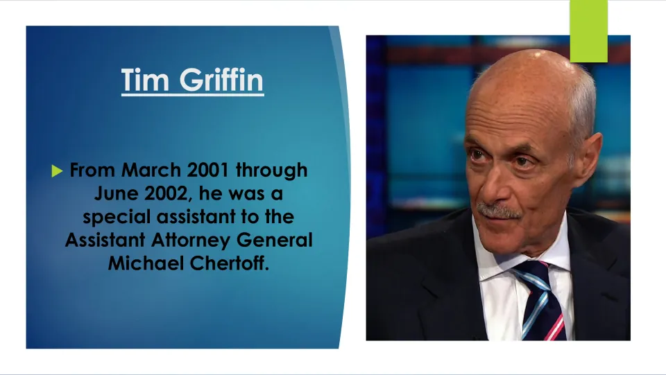 Career slide covering Griffin's March 2001–June 2002 work as special assistant to Michael Chertoff