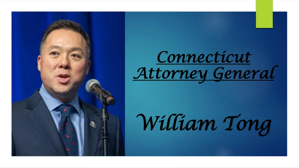 Biography presentation cover introducing William Tong as Connecticut Attorney General, with his portrait