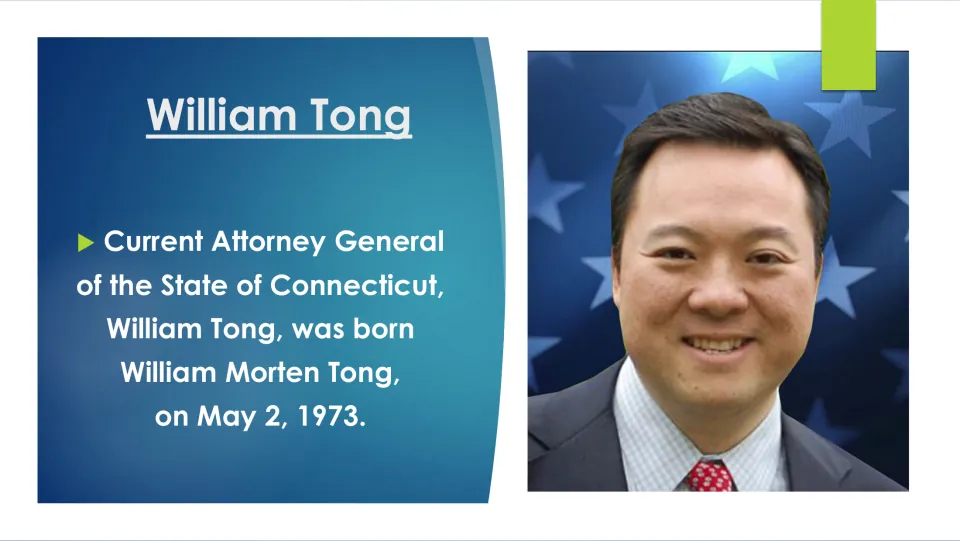 Biography slide identifying William Tong's full name as William Morten Tong and birth date as May 2, 1973