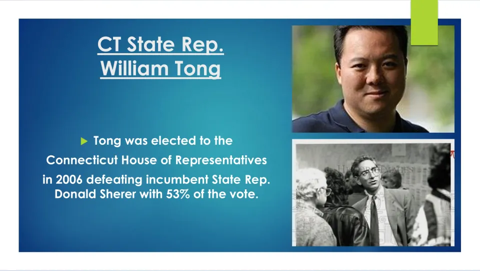 Political career slide reporting William Tong's 2006 Connecticut House win over Donald Sherer with 53% of the vote