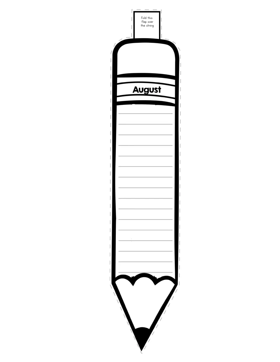 August pencil pennant: students write about August on narrow-ruled space, then cut it out and fold the flap