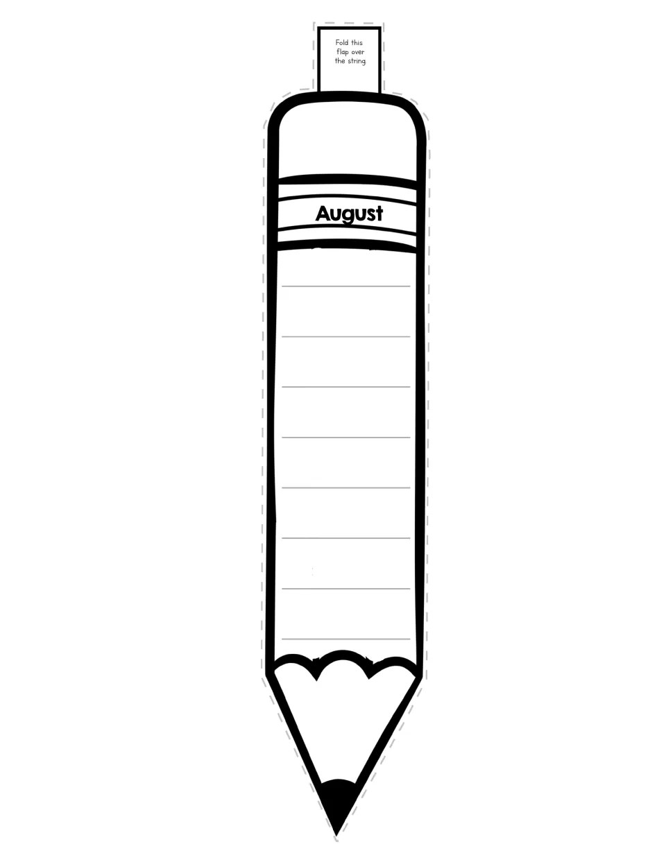 August pencil pennant with wide-ruled writing space for a short seasonal response; students cut it out and fold the flap