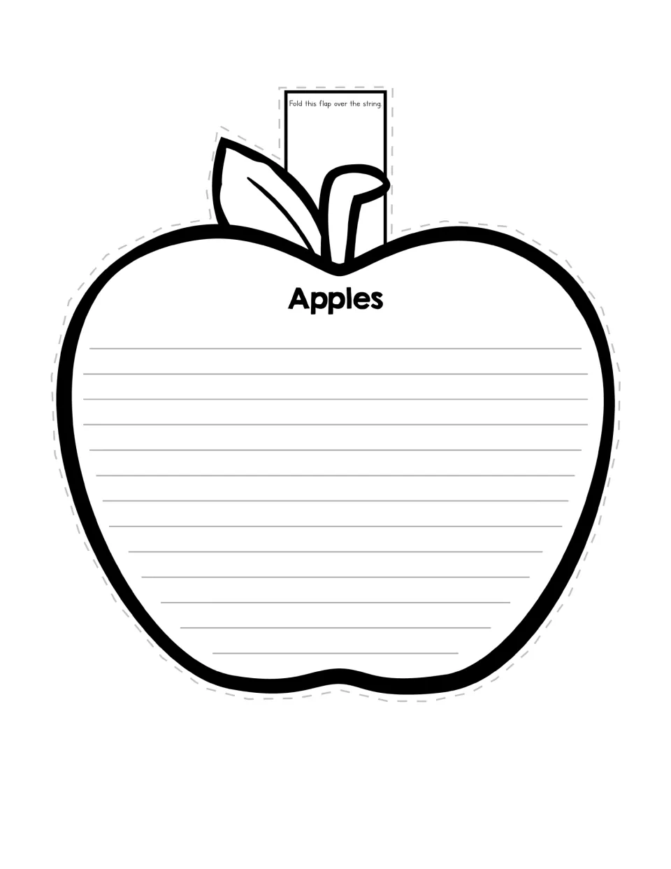 Apples pennant shaped like an apple: students write about apples inside the shape, then cut it out and fold the flap