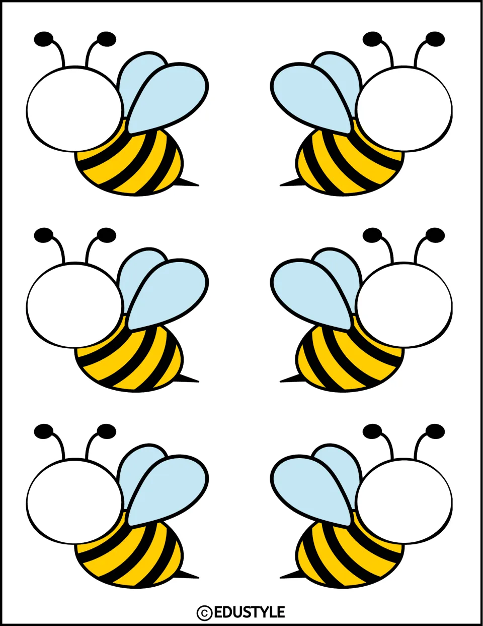 Six small bee cutouts, three facing each direction, with blank faces for names or photos in the display