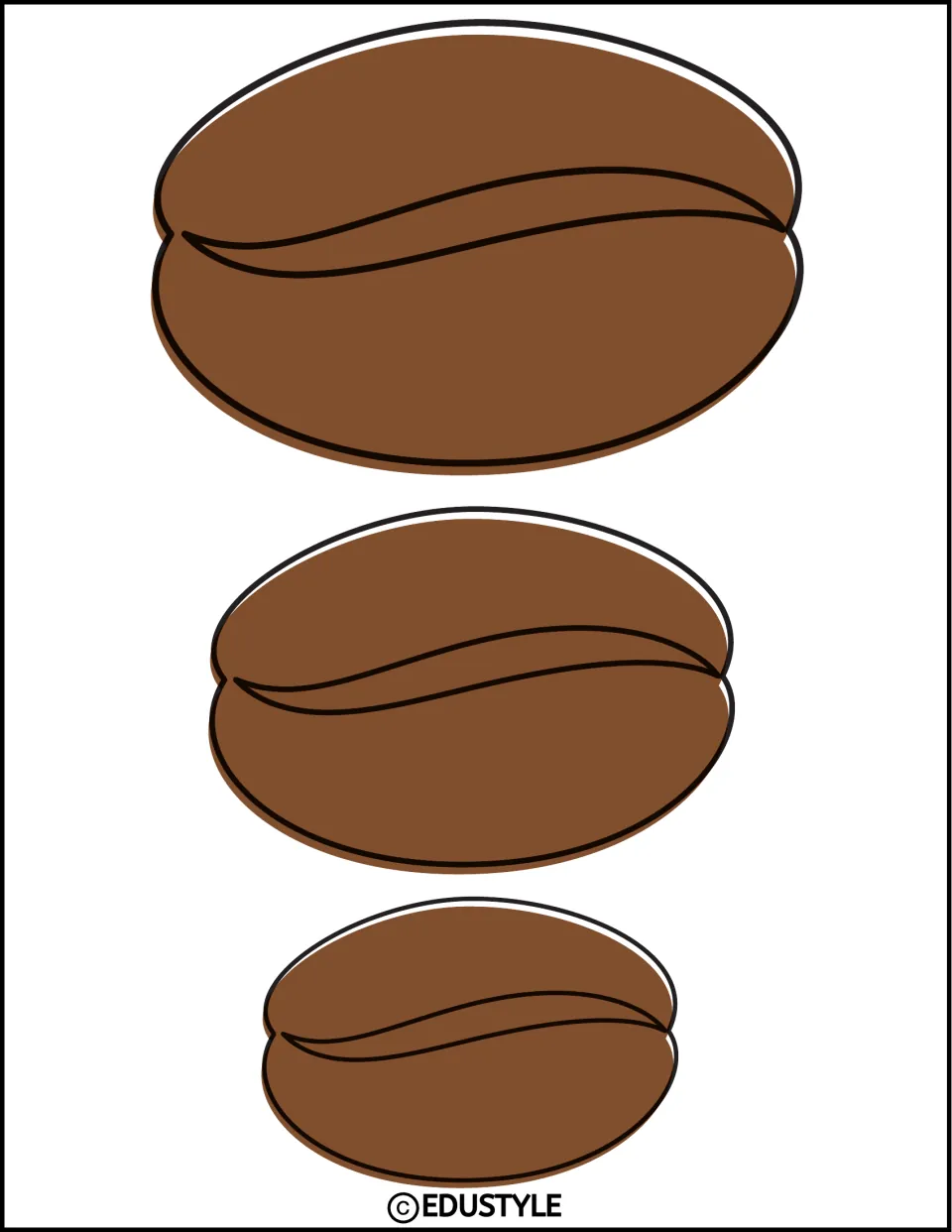 Coffee bean set: three brown beans in large, medium and small sizes stacked down the sheet, for cutting out
