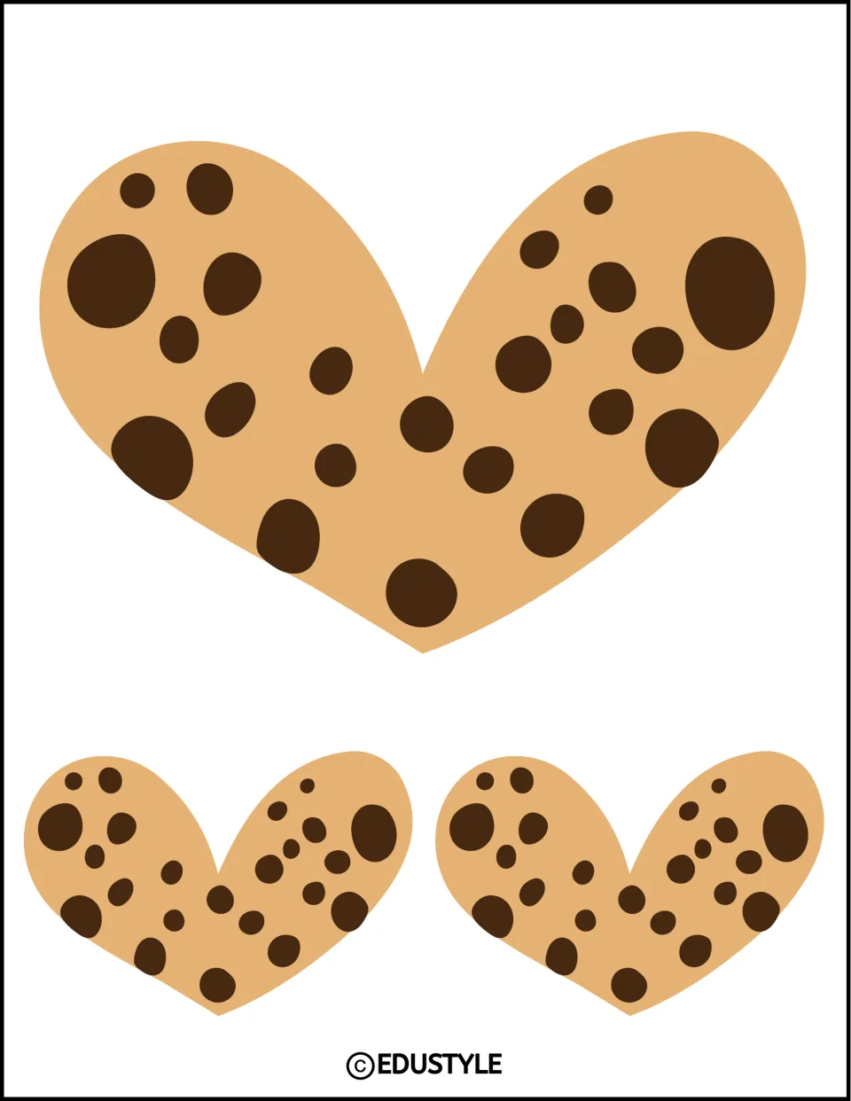 Cookie hearts: one big tan heart and two smaller ones, all dotted with brown chocolate chips, to cut out as board accents