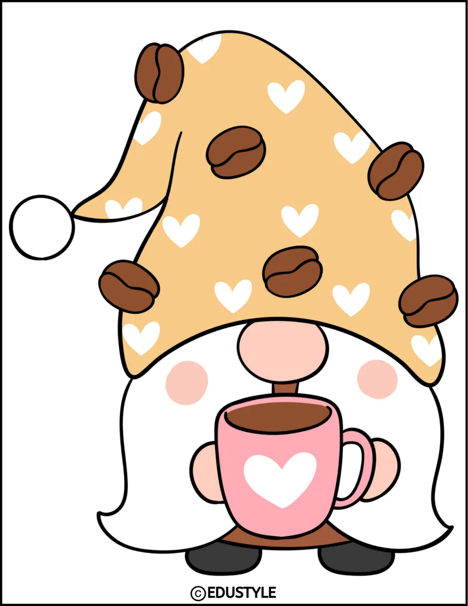 Coffee gnome: a white-bearded gnome in a tan heart-print hat with coffee beans, holding a pink heart mug, drawn page-size
