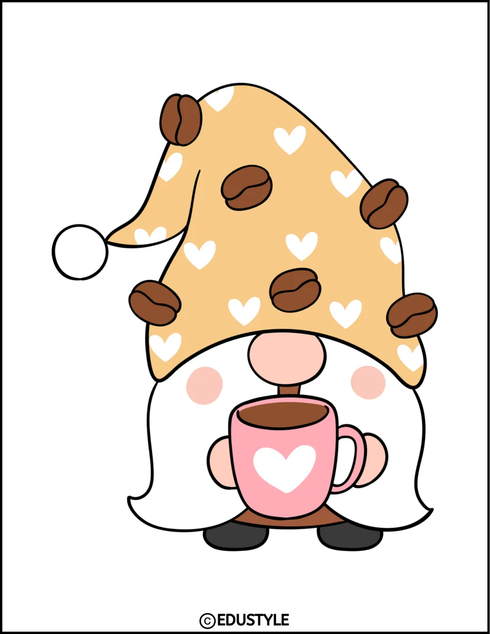 Coffee gnome, smaller version: the same bearded gnome in a bean-dotted pom-pom hat holding a pink mug