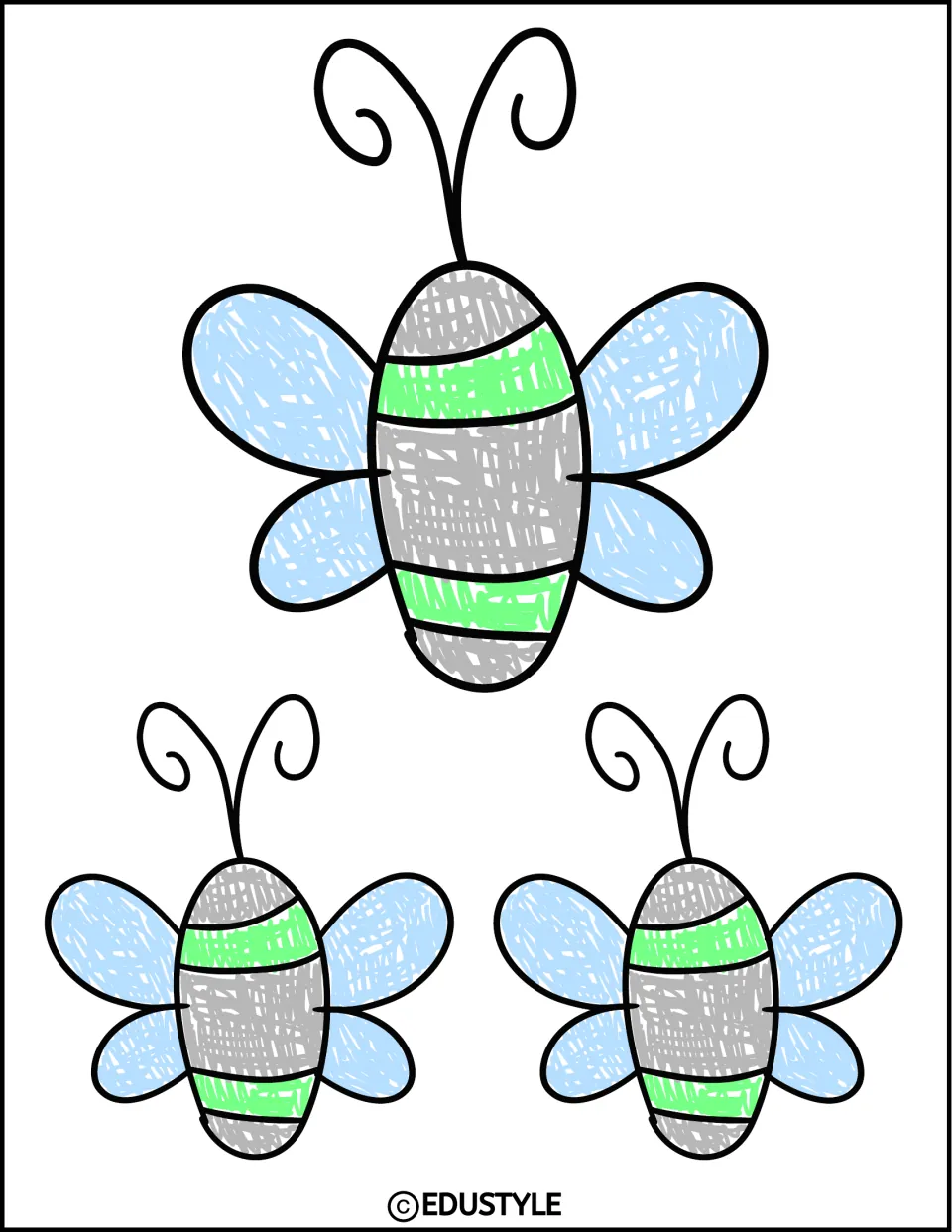 Three insect accents for the back-to-school decor kit, with light blue wings and green-striped gray bodies
