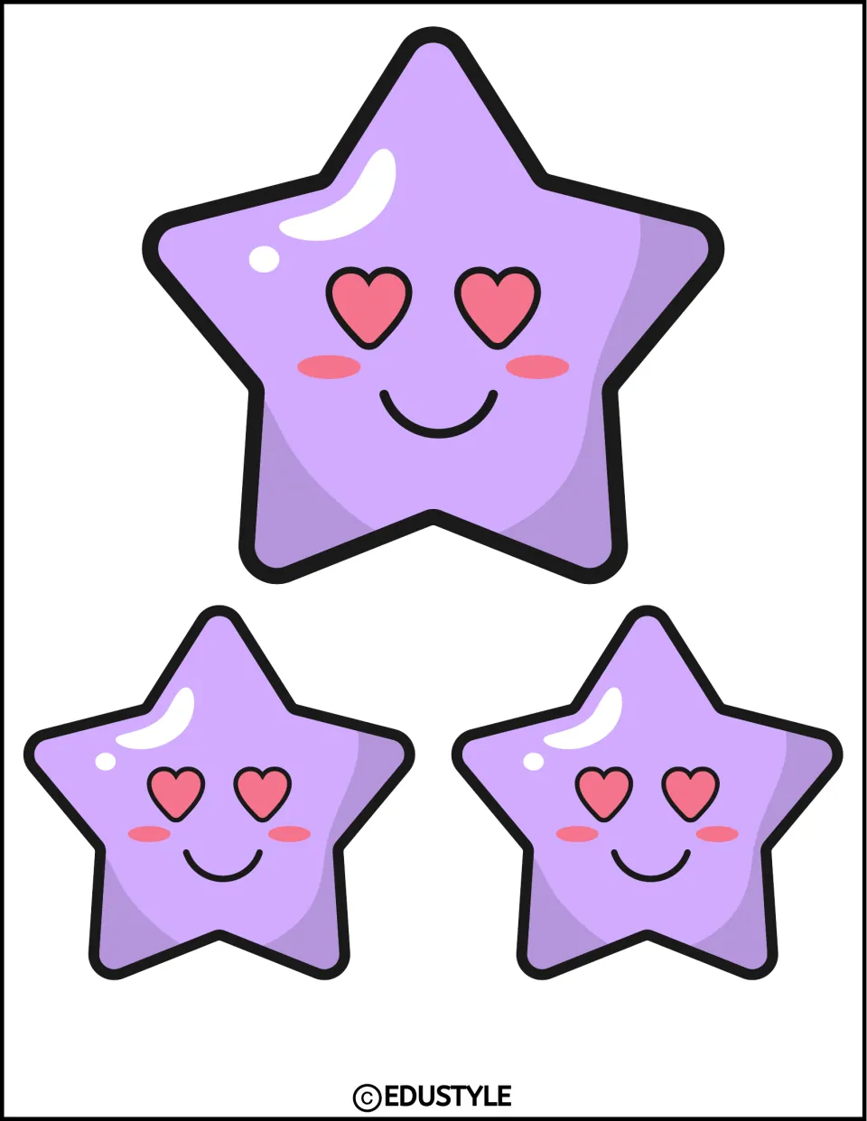 Three purple smiling star decorations for the popsicle display kit: one large and two small, with heart eyes