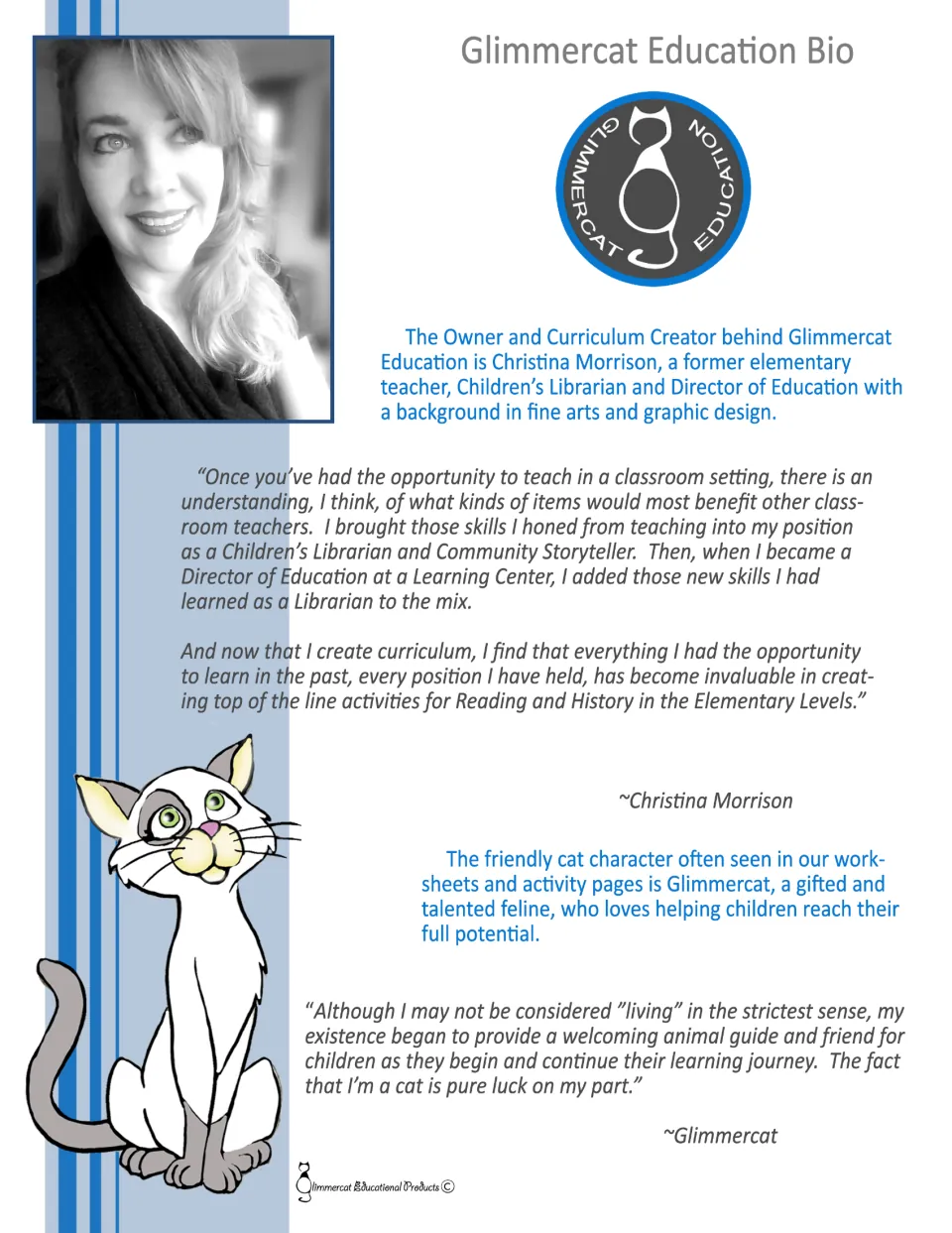 Glimmercat Education bio introducing creator Christina Morrison, a former teacher and librarian, and the cat mascot