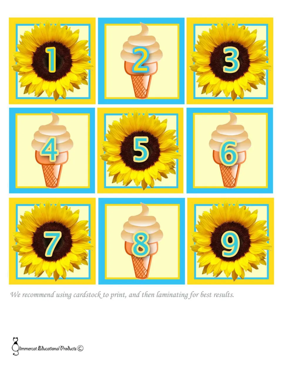 Calendar numbers 1 to 9 on alternating sunflower and ice cream cone cards, with a tip to print on cardstock and laminate