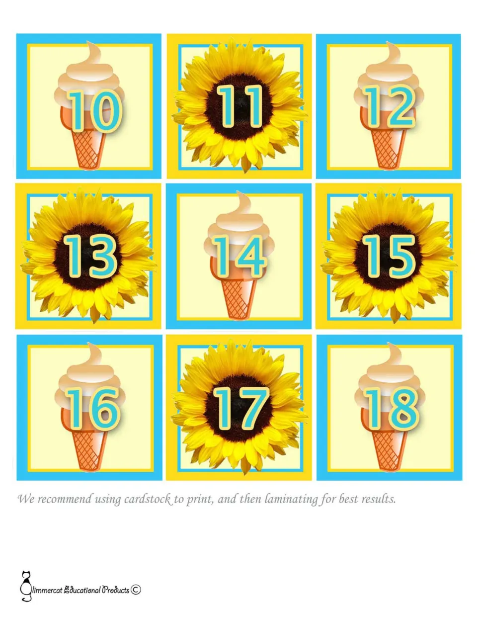 Calendar numbers 10 to 18: ice cream cone and sunflower date cards alternating in the board's A-B-A-B pattern