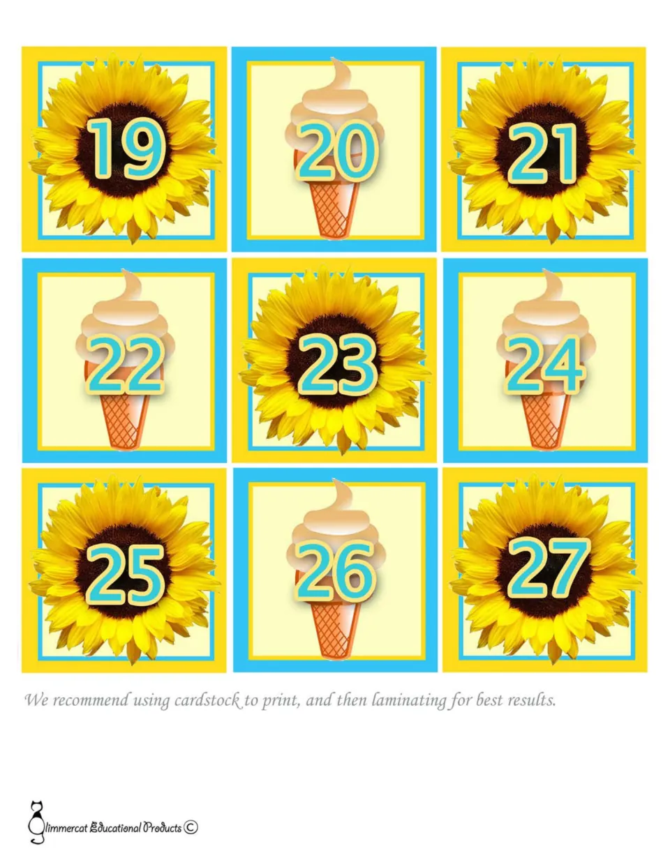 Calendar numbers 19 to 27 on alternating sunflower and ice cream cone cards, continuing the August date pattern