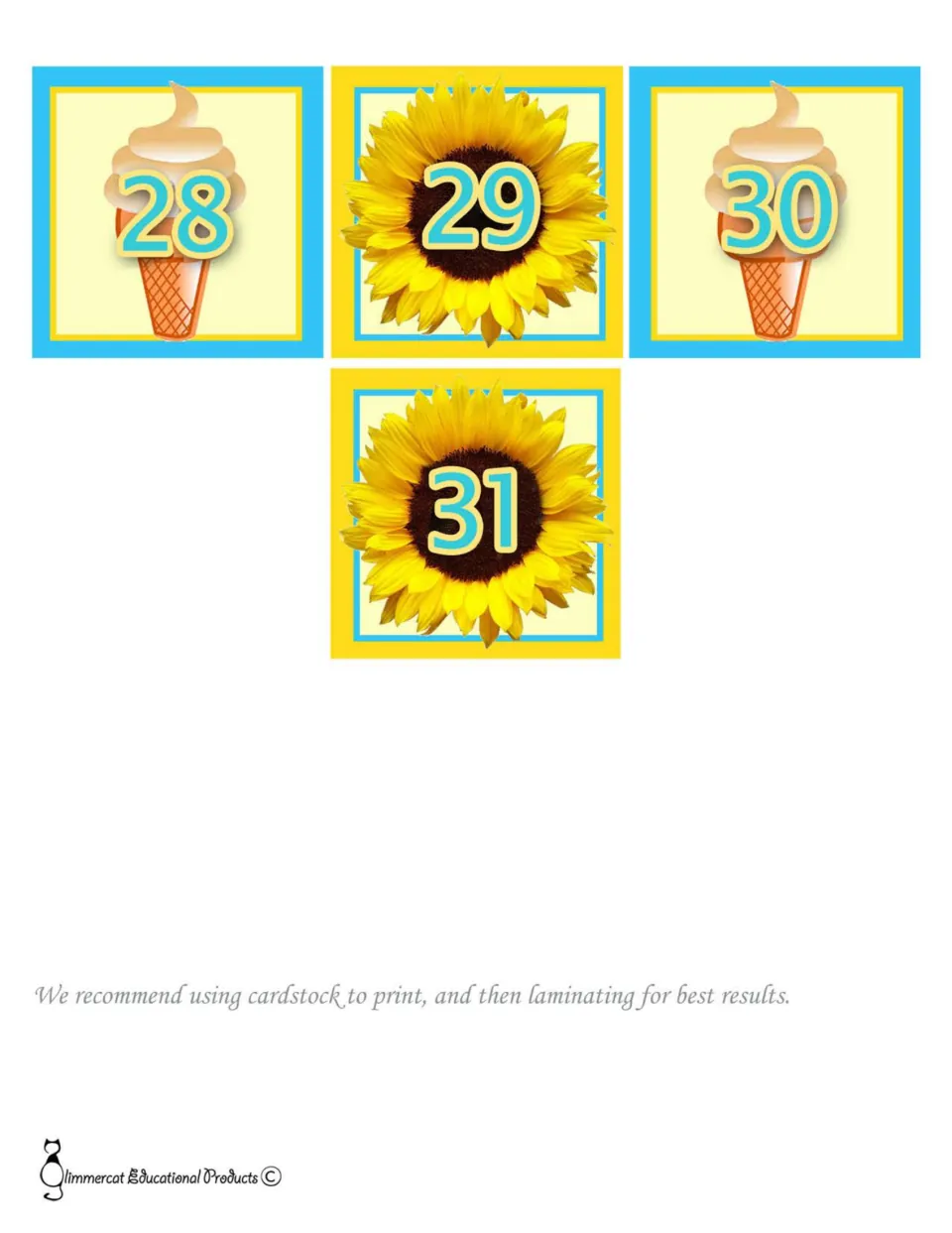 Final date cards 28 to 31: ice cream cones on 28 and 30, sunflowers on 29 and 31, finishing the month's pattern