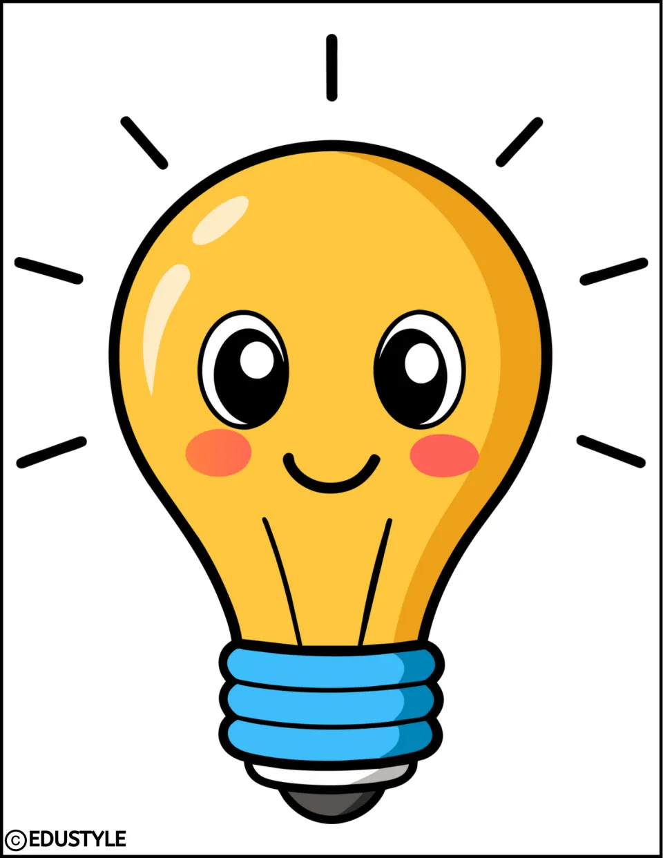 Smiling yellow light bulb graphic with rosy cheeks and a blue base, part of the back-to-school decor kit