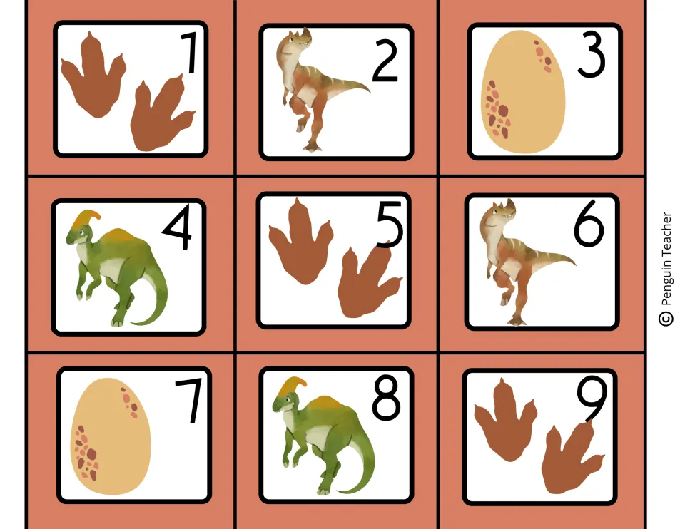 Calendar date cards 1 to 9 for August, each number shown with dinosaur footprints, a dinosaur or a spotted dinosaur egg