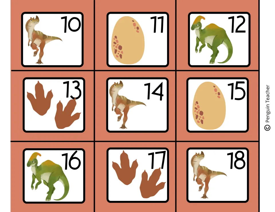 Calendar date cards 10 through 18, each number paired with a spotted egg, a pair of dino tracks or a dinosaur picture