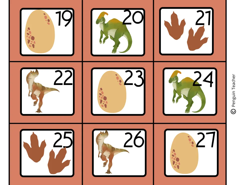 Calendar date cards 19 through 27 decorated with spotted dinosaur eggs, footprint pairs and green or orange dinosaurs