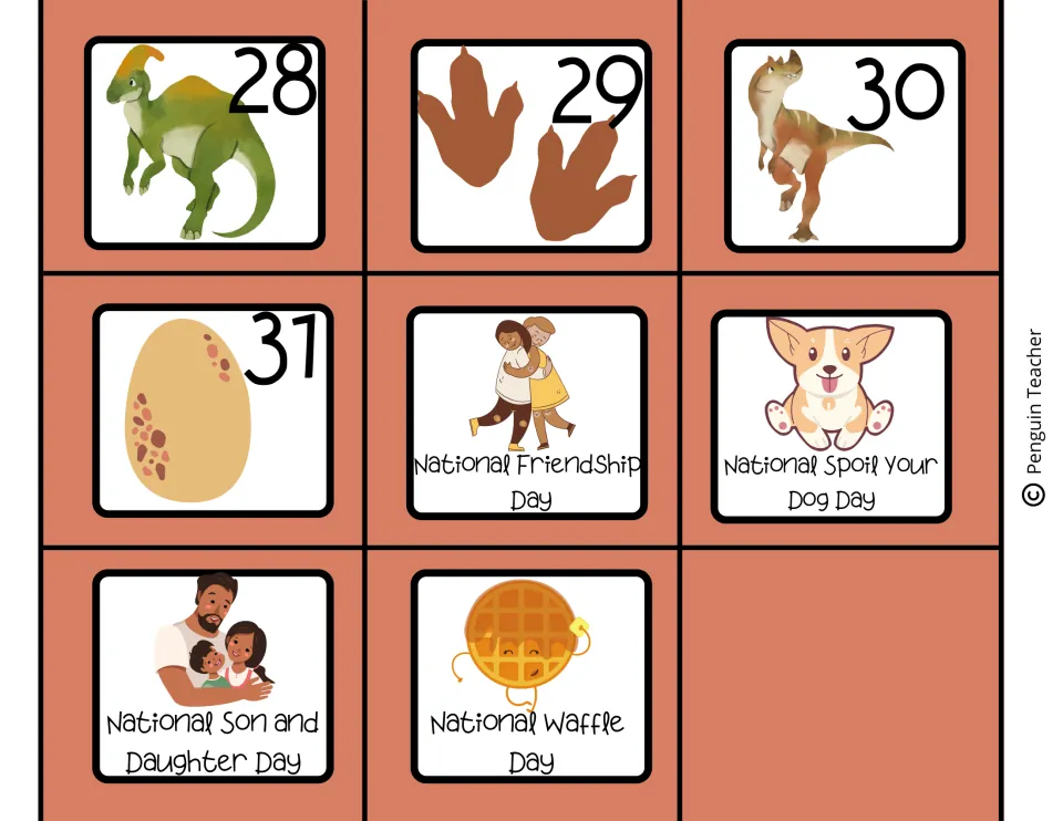 Date cards 28 to 31 with dinosaur art plus holiday cards for Friendship, Spoil Your Dog, Son and Daughter, and Waffle Day