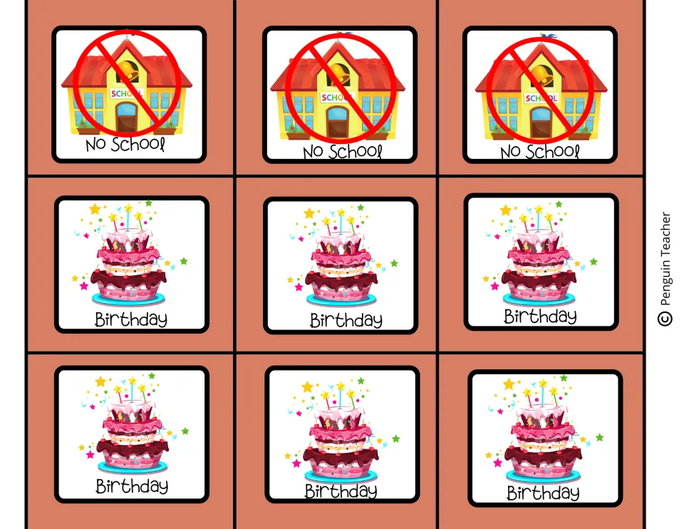 Event cards for the calendar: three No School cards showing a crossed-out schoolhouse and six Birthday cards with a cake