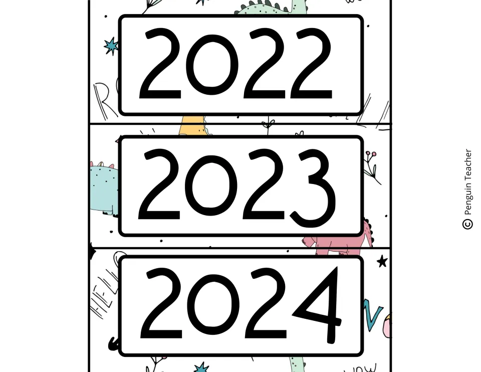 Year labels 2022, 2023 and 2024 for the calendar display, set on a doodled dinosaur background