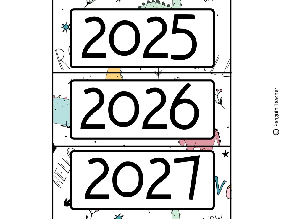 Year labels 2025, 2026 and 2027 printed over a dinosaur doodle background for the calendar header