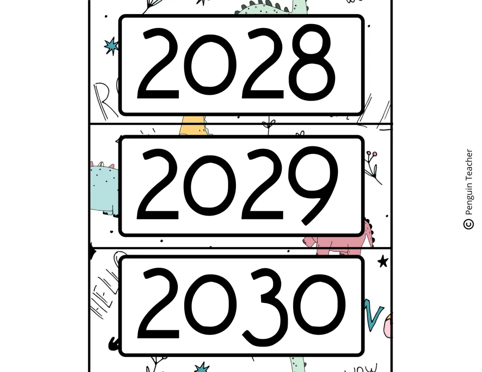 Year labels 2028, 2029 and 2030 on the same dinosaur doodle background, completing the set of calendar year strips