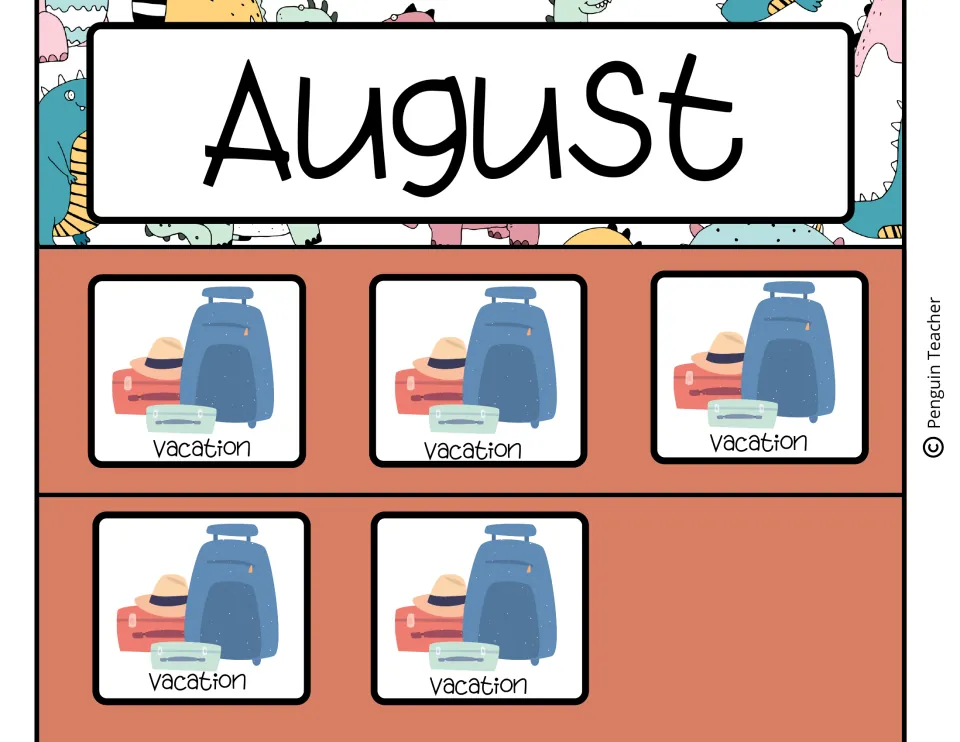 August month header framed by cartoon dinosaurs, plus five Vacation cards showing luggage and a sun hat