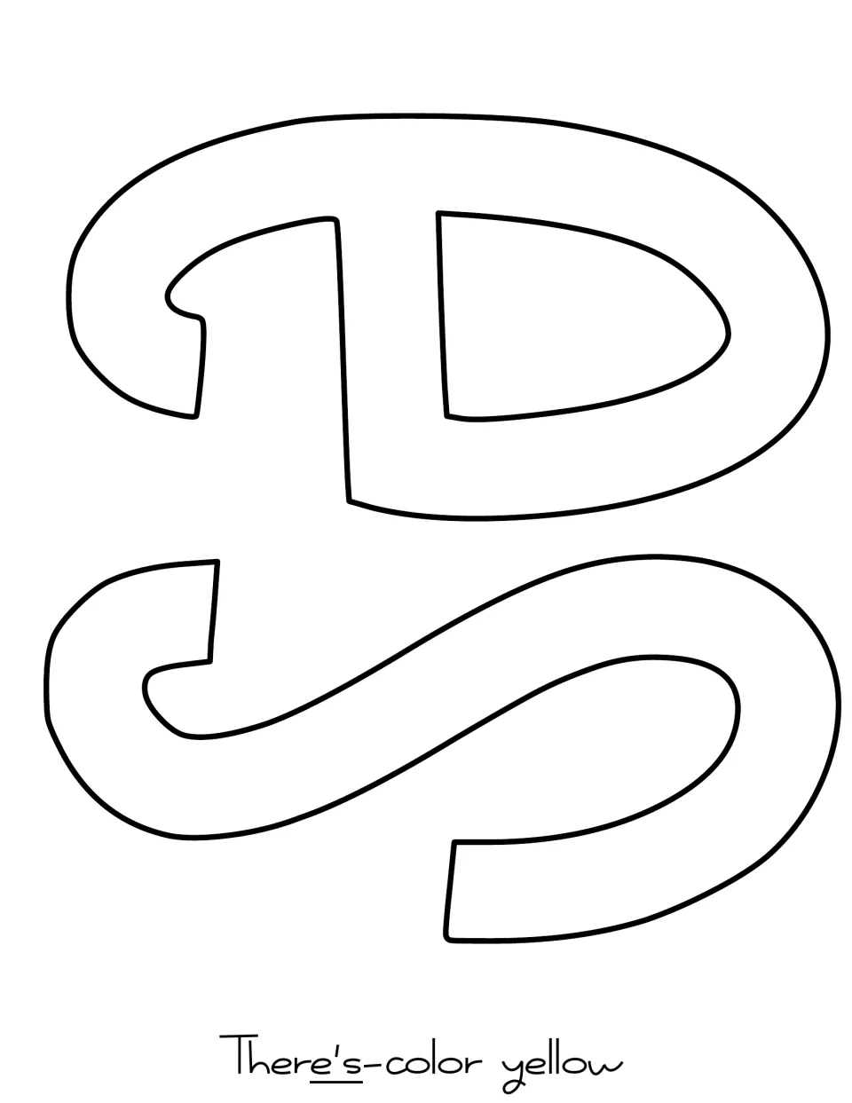 Outlined bubble letters e and s that finish the word There's, marked color yellow for coloring and cutting