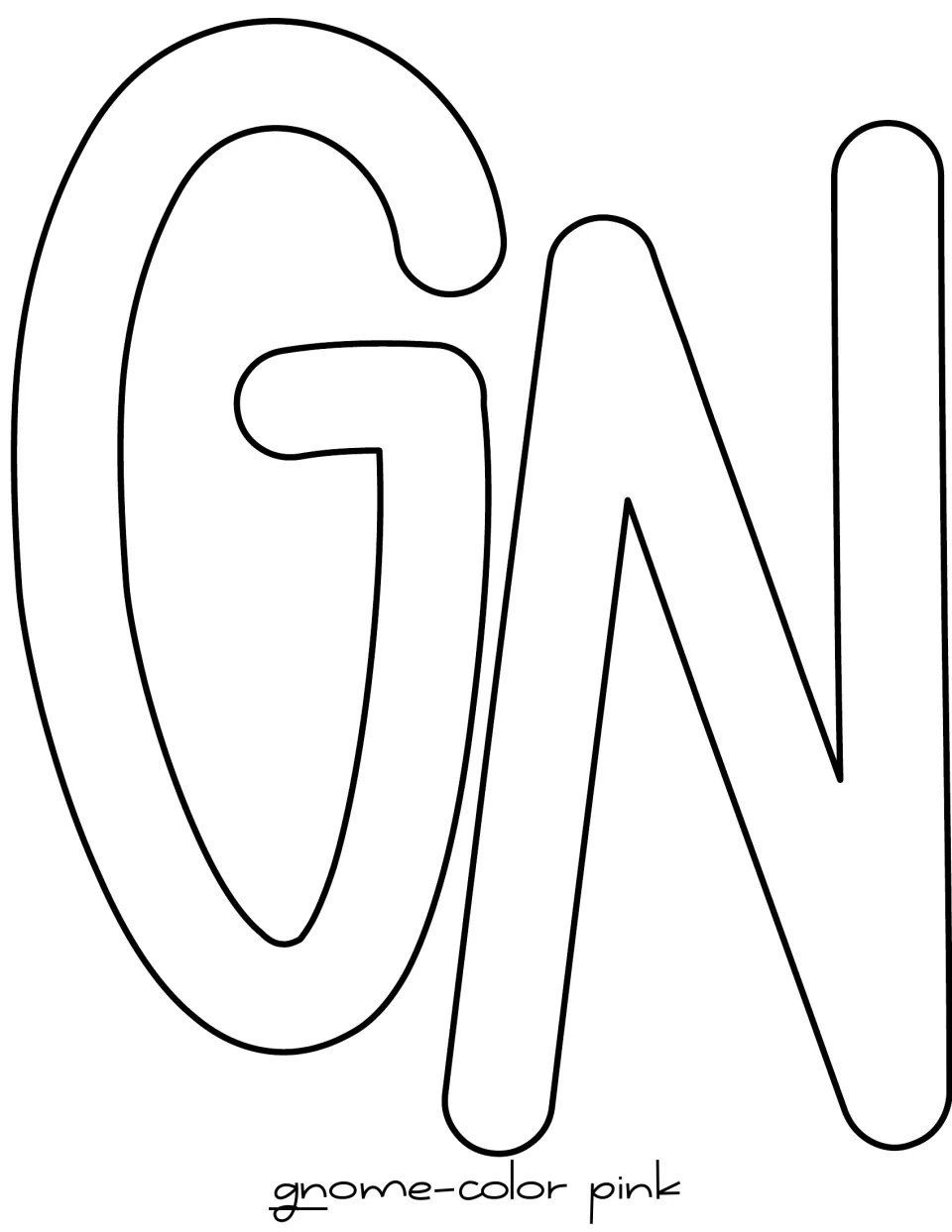 Outlined bubble letters G and N that start the word gnome, marked color pink, to color and cut out for the display