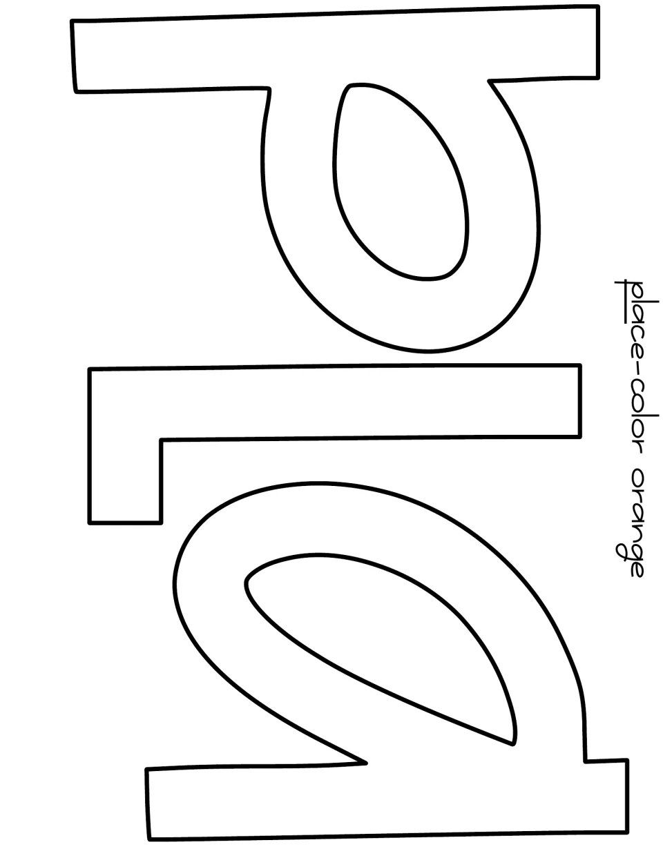 Outlined bubble letters p, l and a from the word place, labeled color orange, printed sideways to color and cut out