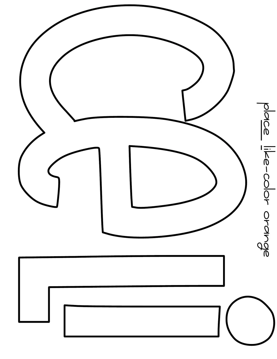 Outlined bubble letters c and e ending place plus l and i starting like, all labeled color orange for cutting out